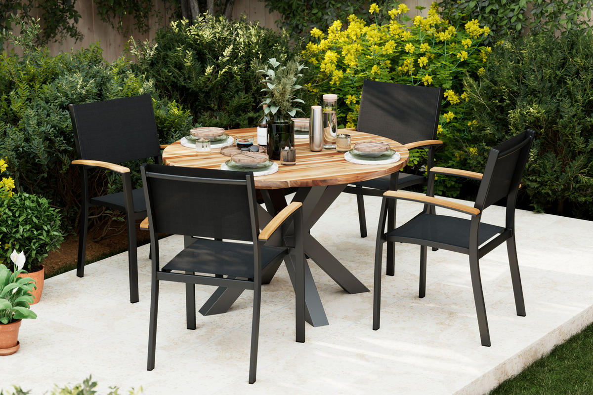 GARTENTISCH 120/120/76 cm Holz, Metall rund  - Schwarz/Akaziefarben, MODERN, Holz/Metall (120/120/76cm) - Ambia Garden