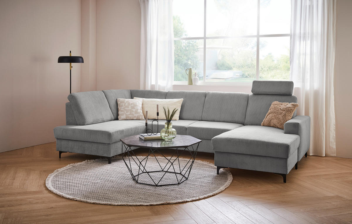WOHNLANDSCHAFT in Cord Grau  - Schwarz/Grau, KONVENTIONELL, Textil/Metall (185/317/167cm) - Stylife