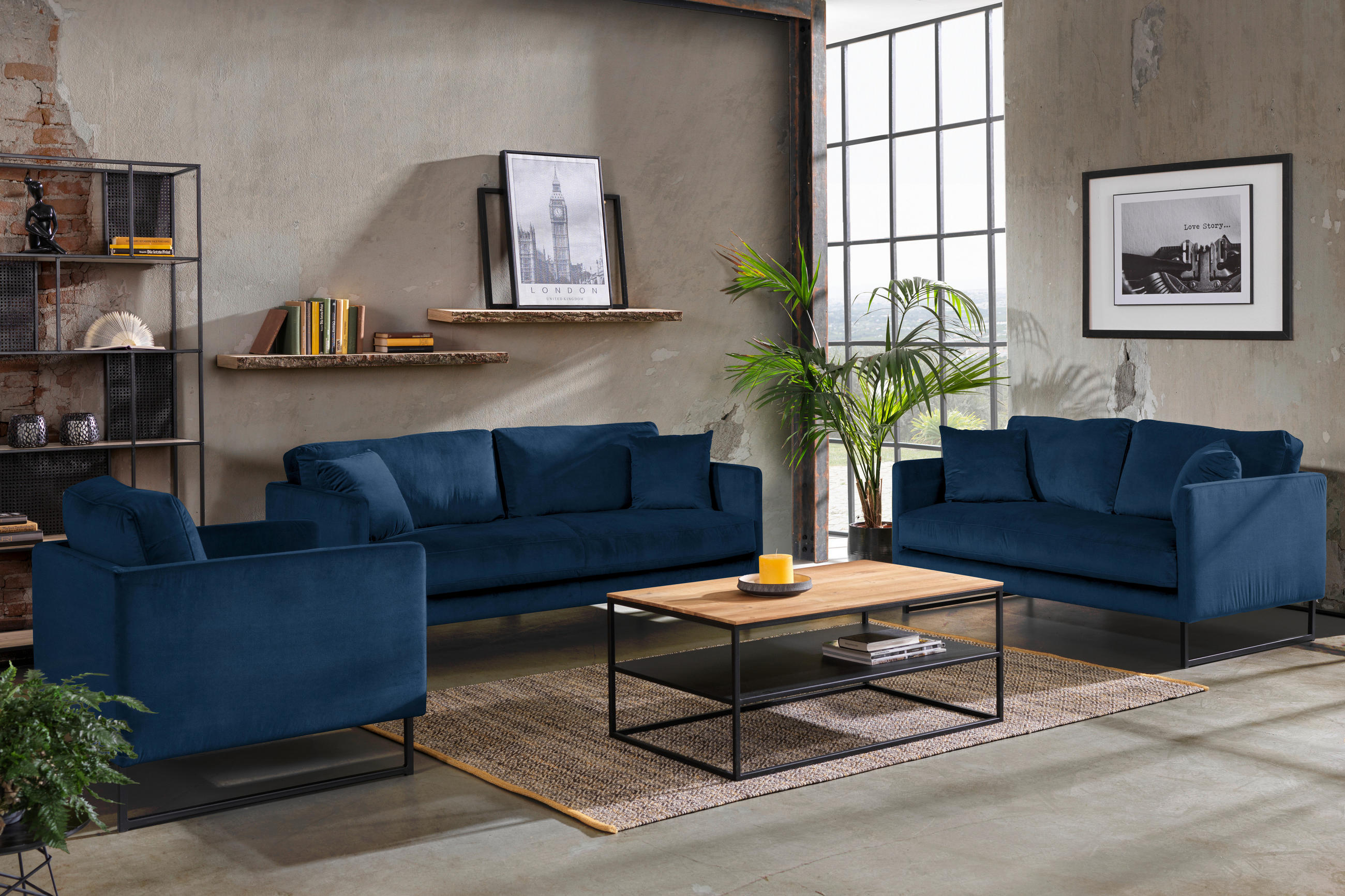 2-SITZER-SOFA in Samt Dunkelblau  - Schwarz/Dunkelblau, Design, Textil/Metall (150/78/84cm) - Carryhome