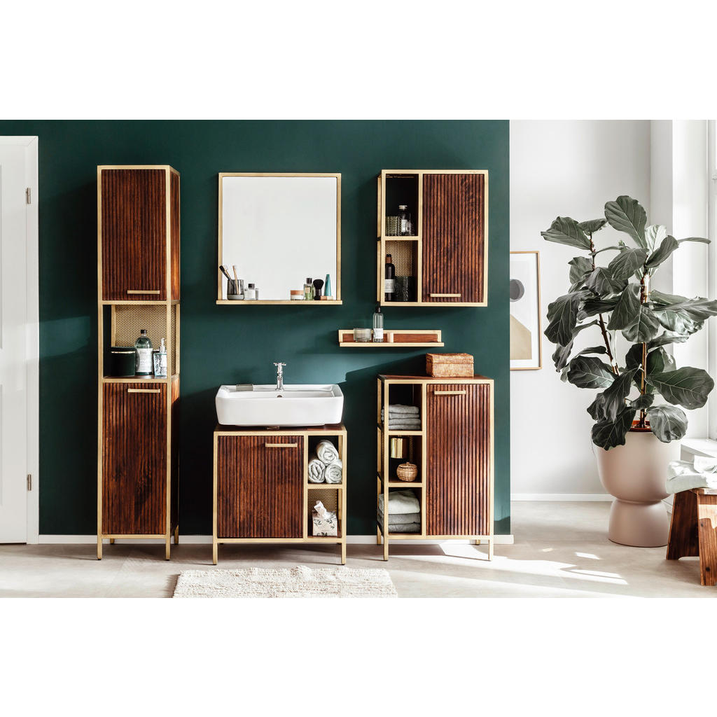 Thumbnail - Livetastic Hochschrank Golden Grace, Braun, Metall, Mangoholz,Mangoholz,Mangoholz, 2 Fächer, 35x190x40 cm, stehend, Bade...