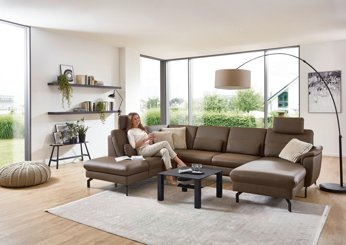WOHNLANDSCHAFT Beldomo premium Braun Echtleder  - Schwarz/Braun, KONVENTIONELL, Leder/Metall (224/306/168cm) - Beldomo Premium
