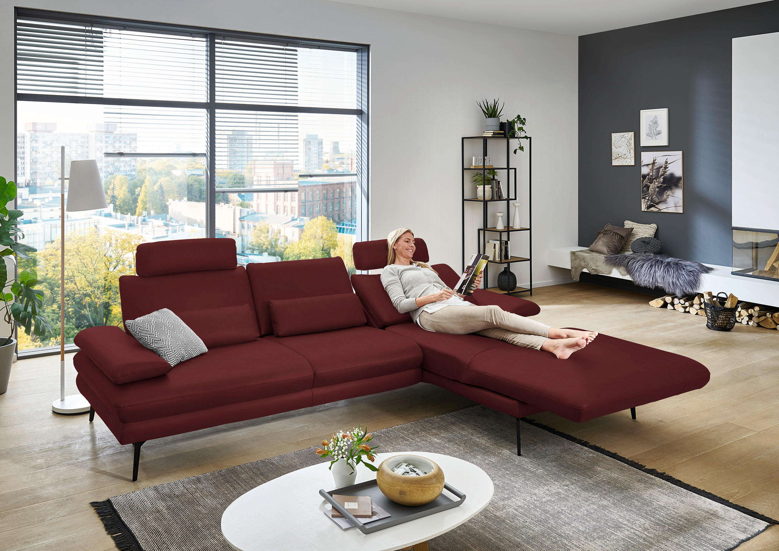 ECKSOFA in Echtleder Rot  - Rot/Schwarz, Design, Leder/Metall (310/180cm) - Dieter Knoll