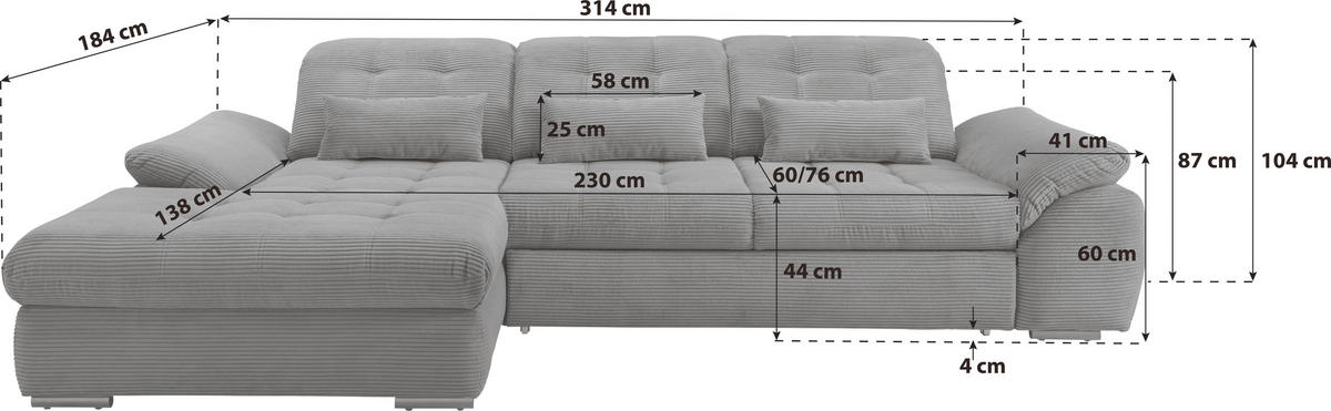 ECKSOFA in Cord Grau  - Schwarz/Grau, Modern, Textil/Metall (184/314cm) - Livetastic