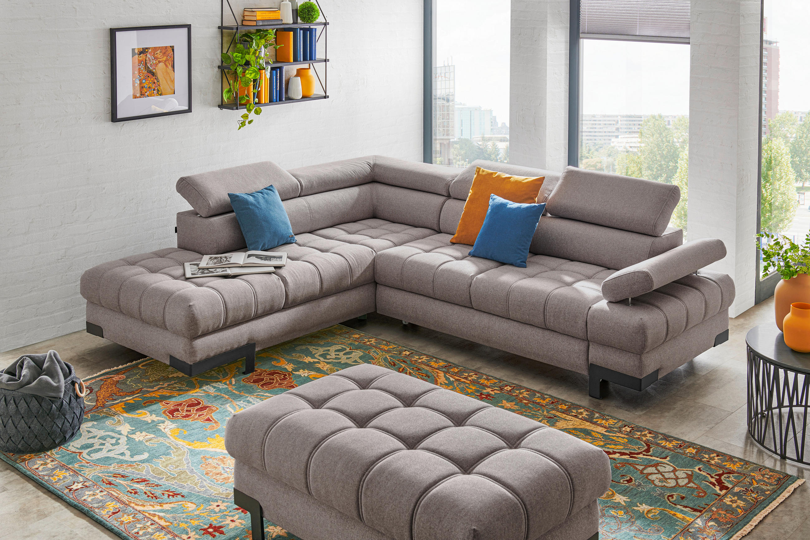 ECKSOFA Hellgrau Webstoff - Hellgrau/Schwarz, Design, Textil/Metall (223/263cm) - Welnova