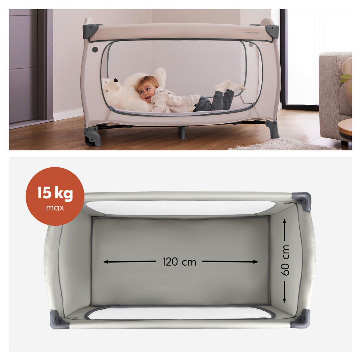 REISEBETT Sleep N Easyfold   - Dunkelgrau/Hellgrau, Basics, Holzwerkstoff/Kunststoff (69/82/125cm) - Hauck