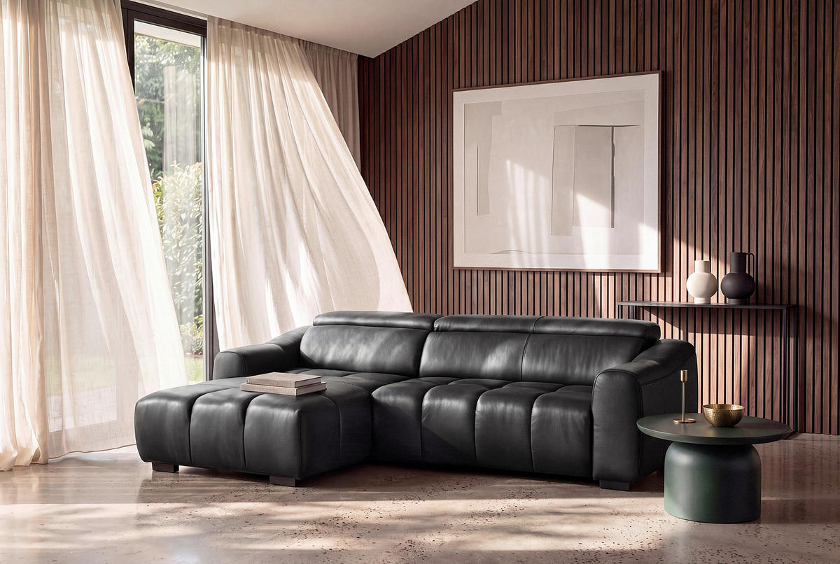 ECKSOFA AVEIRO Schwarz Echtleder Bettkasten, Kopfteilverstellung, Sitzvorzug  - Schwarz, Design, Leder/Kunststoff (177/274cm) - Livetastic
