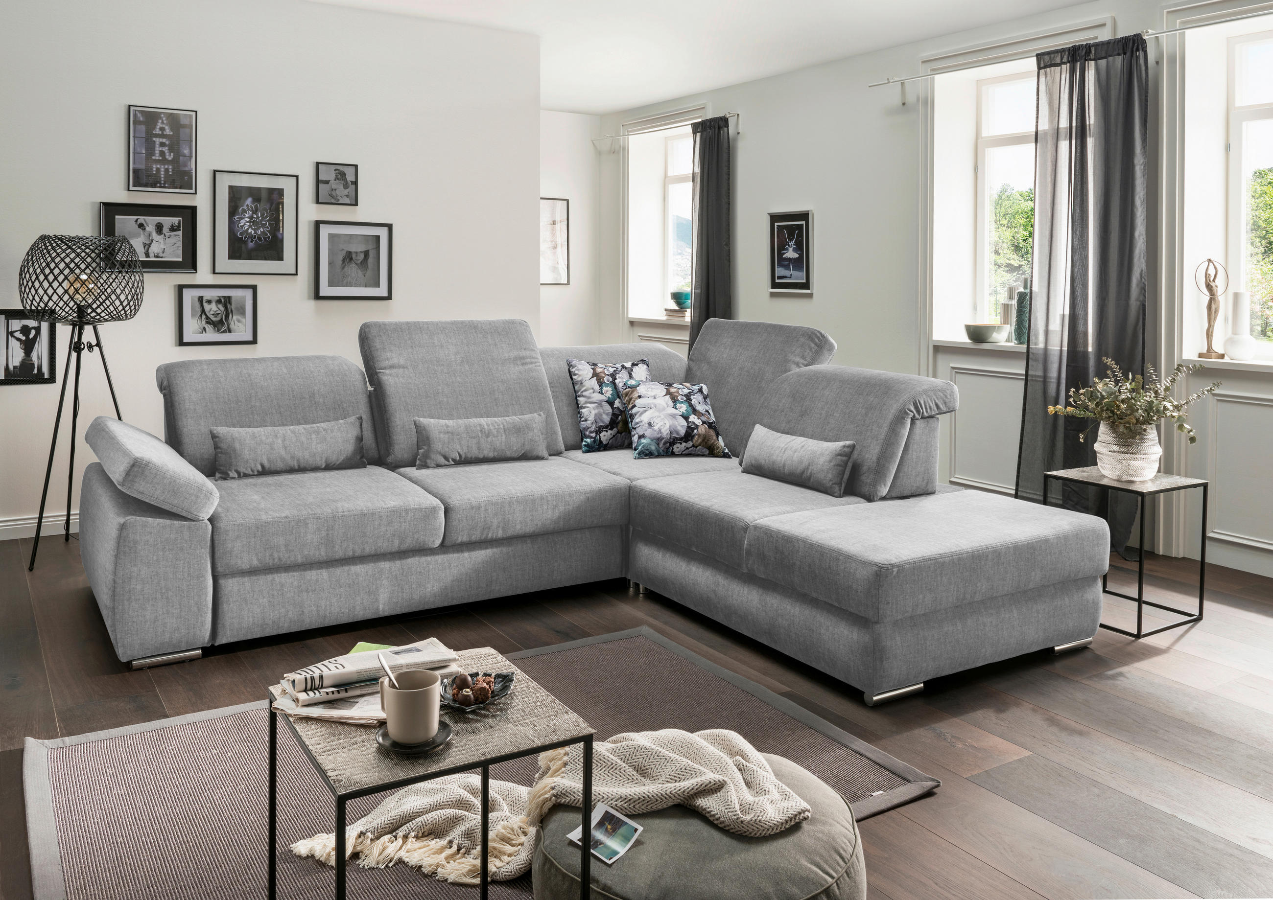 Ecksofa mit Schlaffunktion Silberfarben Velours  - Chromfarben/Silberfarben, MODERN, Holz/Textil (297/250cm) - Livetastic