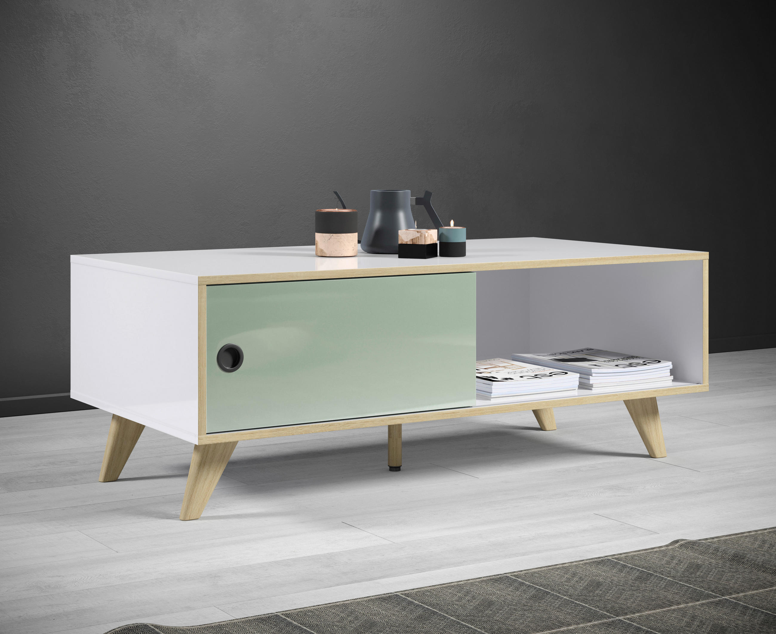 COUCHTISCH 115/60/46 cm rechteckig Eichefarben, Weiß Hochglanz, Grün  - Eichefarben/Weiß Hochglanz, MODERN, Holzwerkstoff/Kunststoff (115/60/46cm) - Boxxx