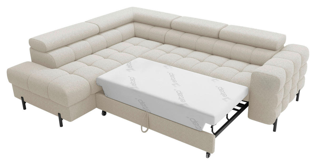 ECKSOFA FERUCCE Creme Teddystoff Bettkasten, Kopfteilverstellung  - Creme/Schwarz, Design, Textil/Metall (200/276cm) - MID.YOU