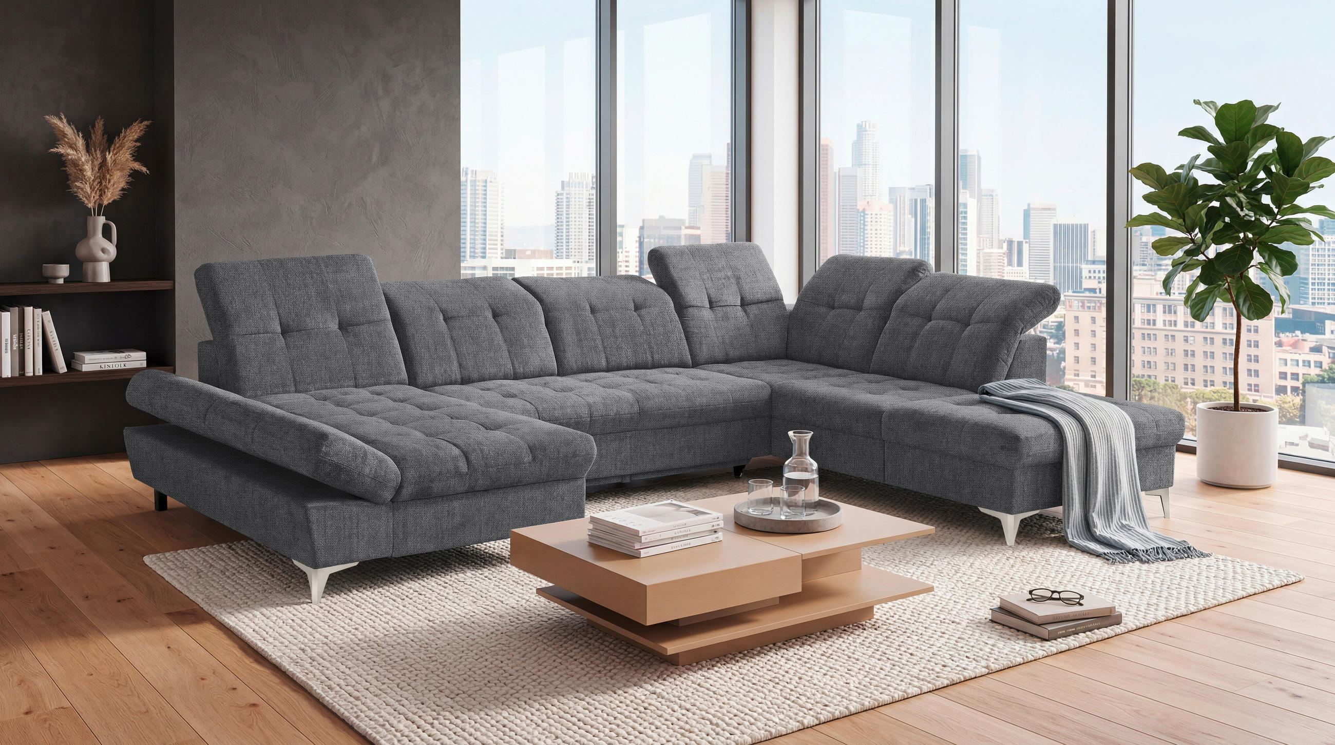 WOHNLANDSCHAFT Mikrovelours Anthrazit  - Kaschmir/Anthrazit, Modern, Kunststoff/Textil (169/348/245cm) - MID.YOU
