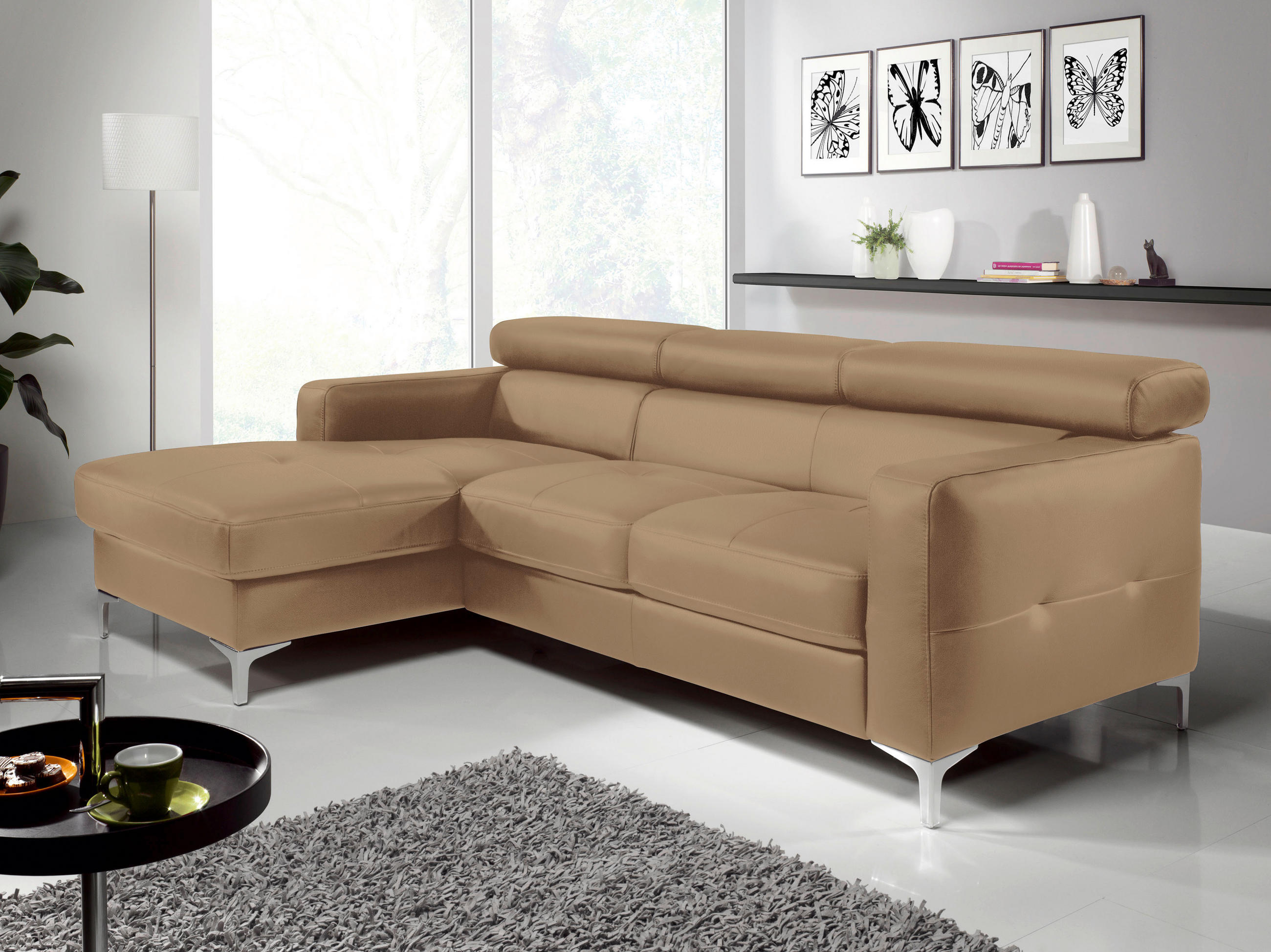 Thumbnail - Livetastic Ecksofa, Hellbraun, Leder, Echtleder, Rindleder, 4-Sitzer, Ottomane links, L-Form, 226x169 cm, Made in EU, se...