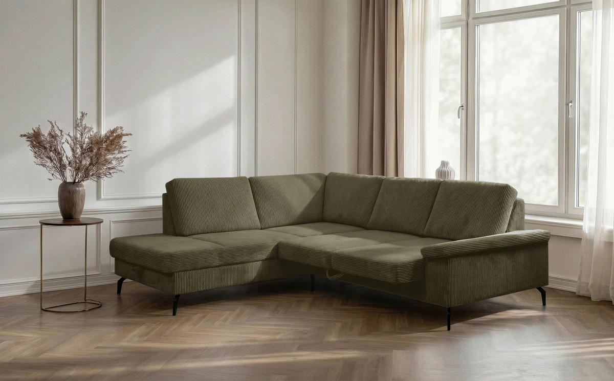 ECKSOFA Olivgrün Velours Bettkasten, Sitzvorzug  - Schwarz/Olivgrün, KONVENTIONELL, Textil/Metall (206/253cm) - Venda