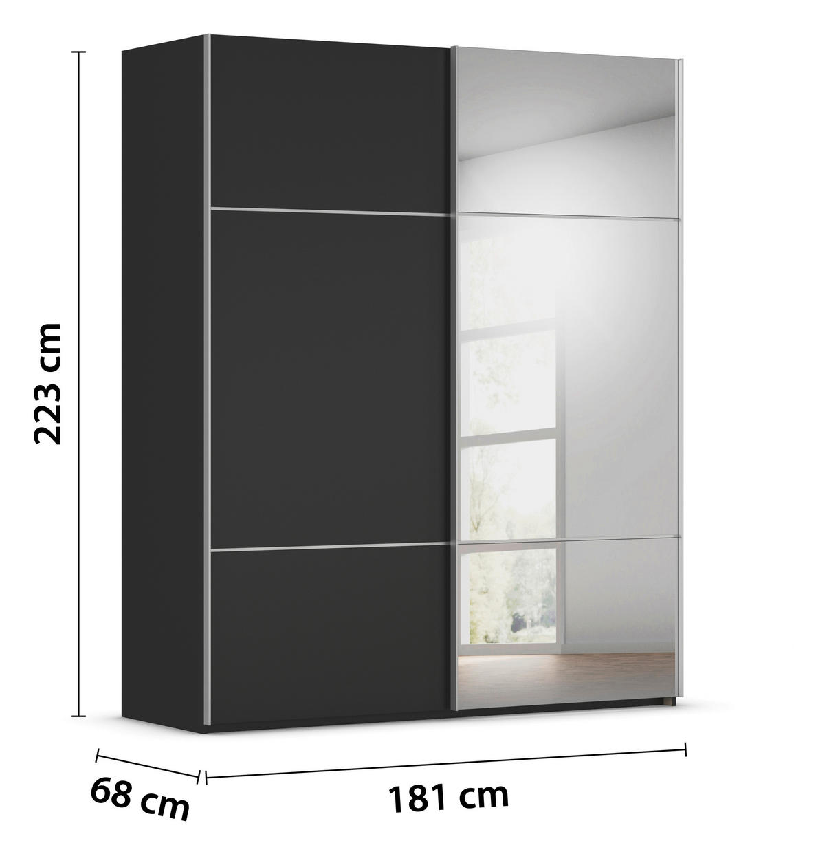 SCHWEBETÜRENSCHRANK 181/223/68 cm 2-türig Schwarz  - Alufarben/Schwarz, KONVENTIONELL, Glas/Holzwerkstoff (181/223/68cm) - Novel