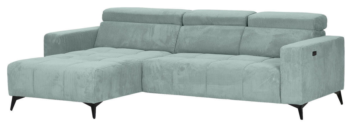 ECKSOFA Mintgrün Cord Rücken echt, Kopfteilverstellung, Sitzvorzug  - Schwarz/Mintgrün, KONVENTIONELL, Textil/Metall (170/257cm) - Carryhome