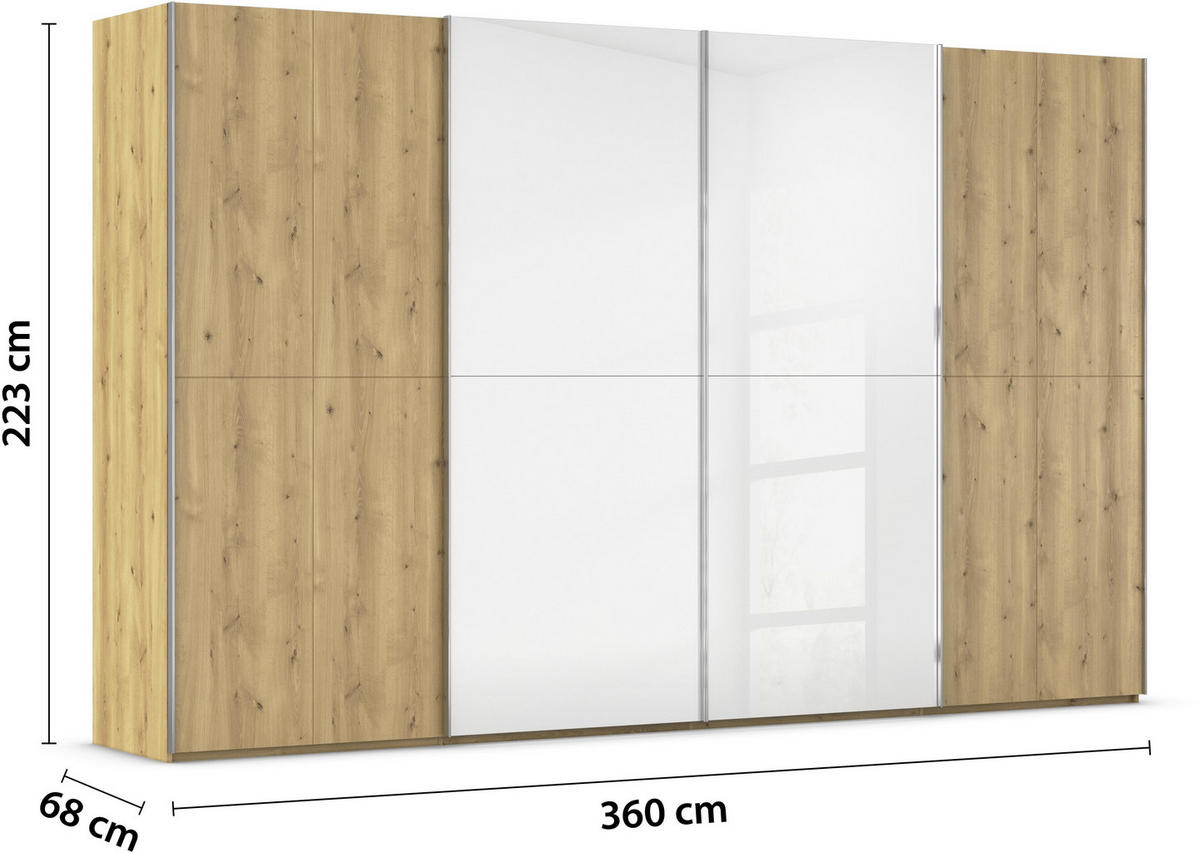 SCHWEBETÜRENSCHRANK 360/223/68 cm 4-türig Weiß, Eichefarben, Chromfarben  - Chromfarben/Eichefarben, Design, Glas/Holz (360/223/68cm) - Novel