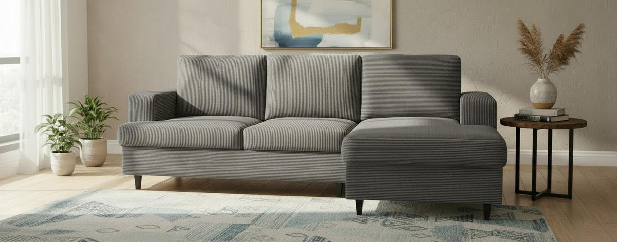 ECKSOFA Cord, Velours Dunkelgrau  - Dunkelgrau/Schwarz, Design, Holz/Textil (247/140cm) - MID.YOU