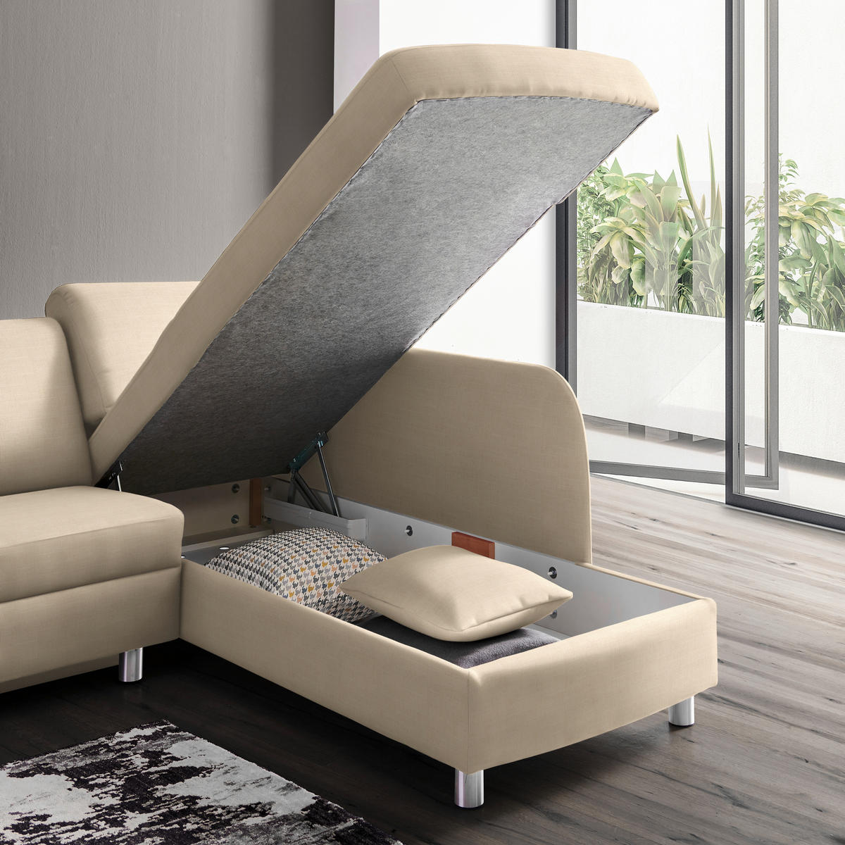 ECKSOFA in Chenille Creme  227/208 cm  - Creme/Alufarben, KONVENTIONELL, Textil/Metall (227/208cm) - Sedda