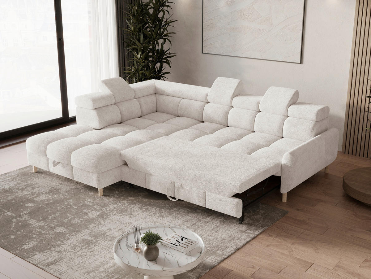 ECKSOFA BUN in Bouclé Weiß  - Elfenbein/Weiß, Design, Holz/Textil (209/276cm) - MID.YOU