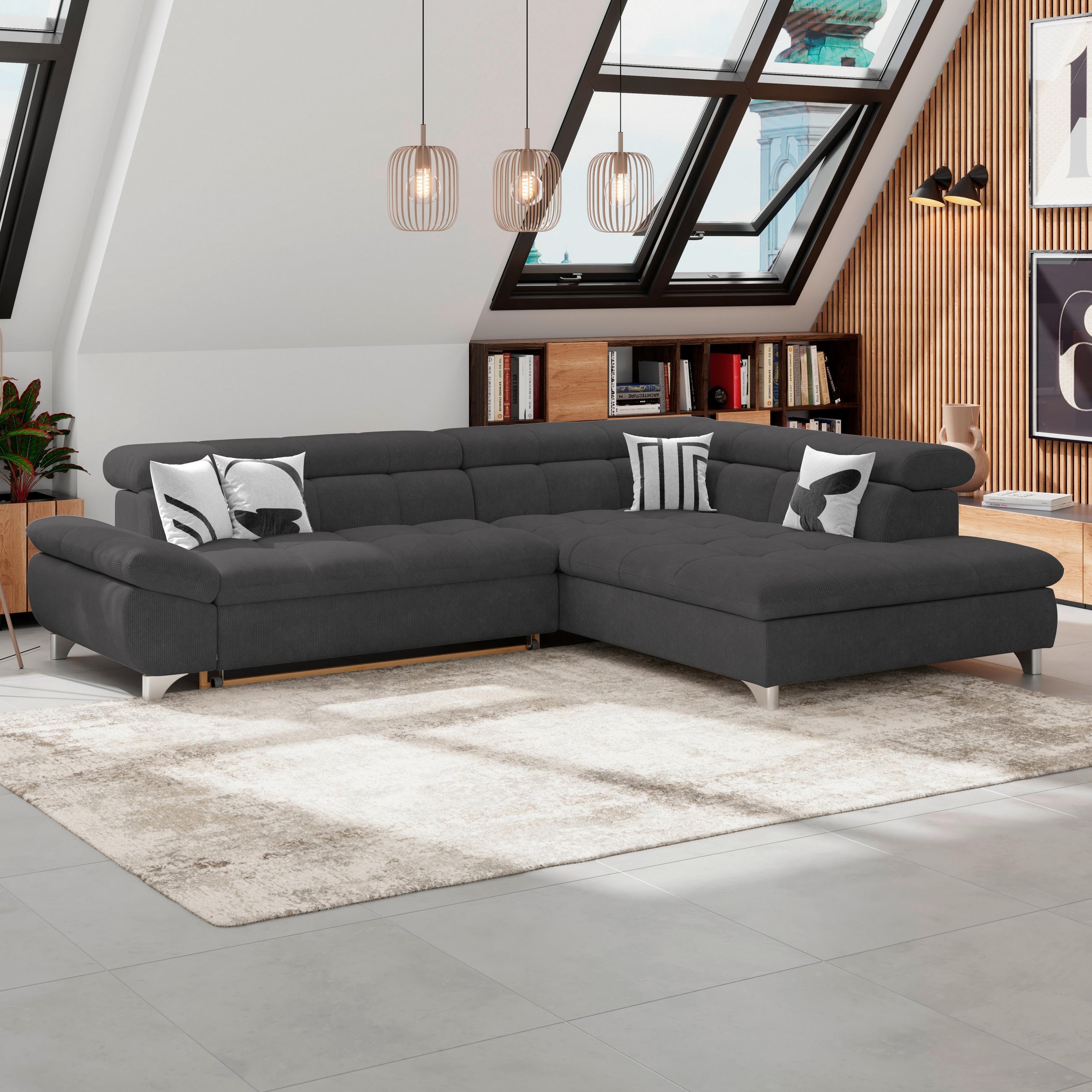 ECKSOFA Schwarz Chenille  - Chromfarben/Schwarz, KONVENTIONELL, Textil/Metall (234/312cm) - Livetastic