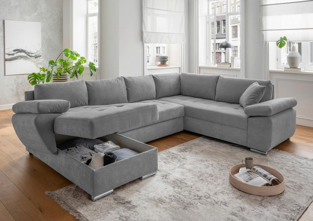 WOHNLANDSCHAFT in Mikrofaser Silberfarben  - Chromfarben/Silberfarben, Konventionell, Textil/Metall (157/305/219cm) - Livetastic