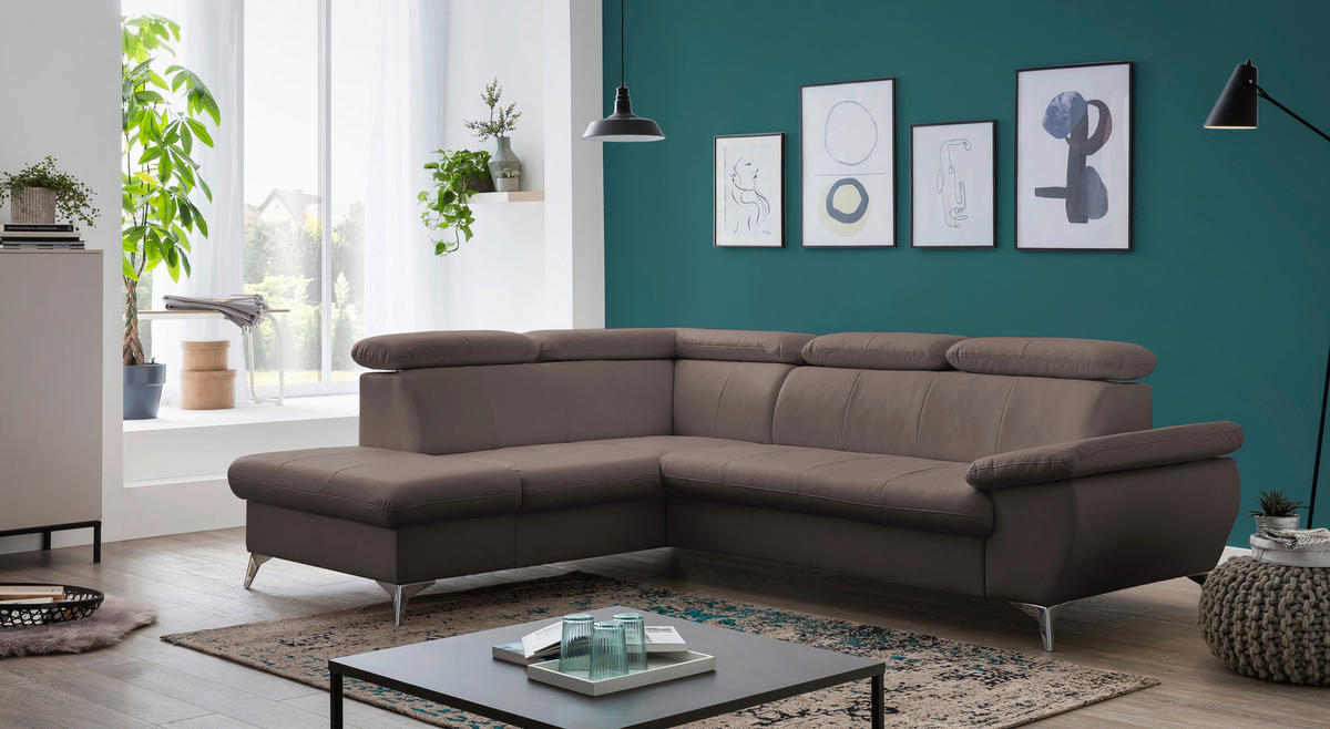 ECKSOFA Braun Lederlook  - Chromfarben/Braun, KONVENTIONELL, Textil/Metall (209/256cm) - Livetastic