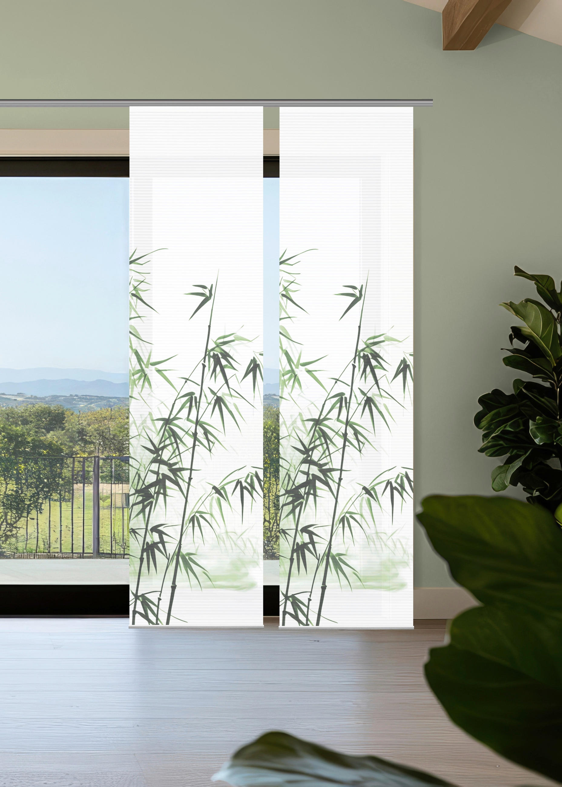 Thumbnail - Flächenvorhang Rufus, Grün, Weiß, Textil, Graphik, 60x245 cm, Oeko-Tex® Standard 100, mit Beschwerungsstab, Flauschband,...