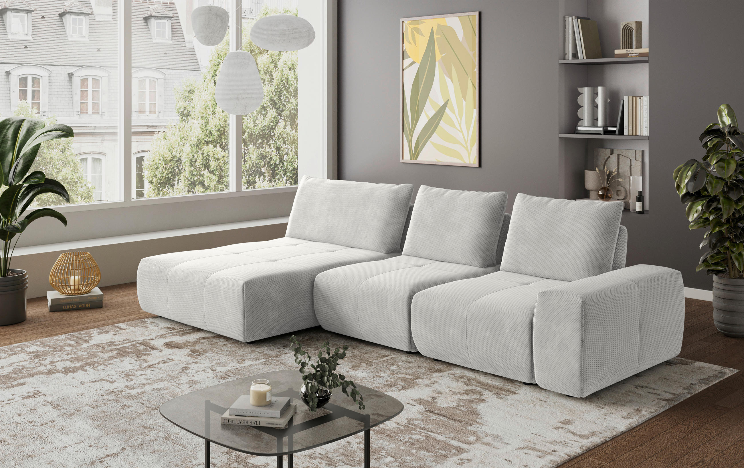 ECKSOFA in Velours Hellgrau  - Hellgrau/Schwarz, Design, Kunststoff/Textil (174/347cm) - Xora