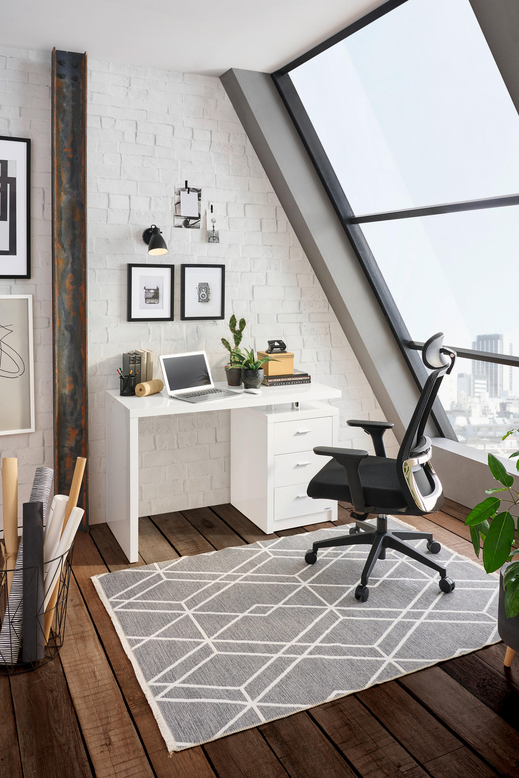 Thumbnail - Hom`in Schreibtisch, Weiß, Chrom, Metall, 3 Schublade(n) Schubladen, rechteckig, Wange, Sockel, 55x75x120 cm, Bsci, Stau...