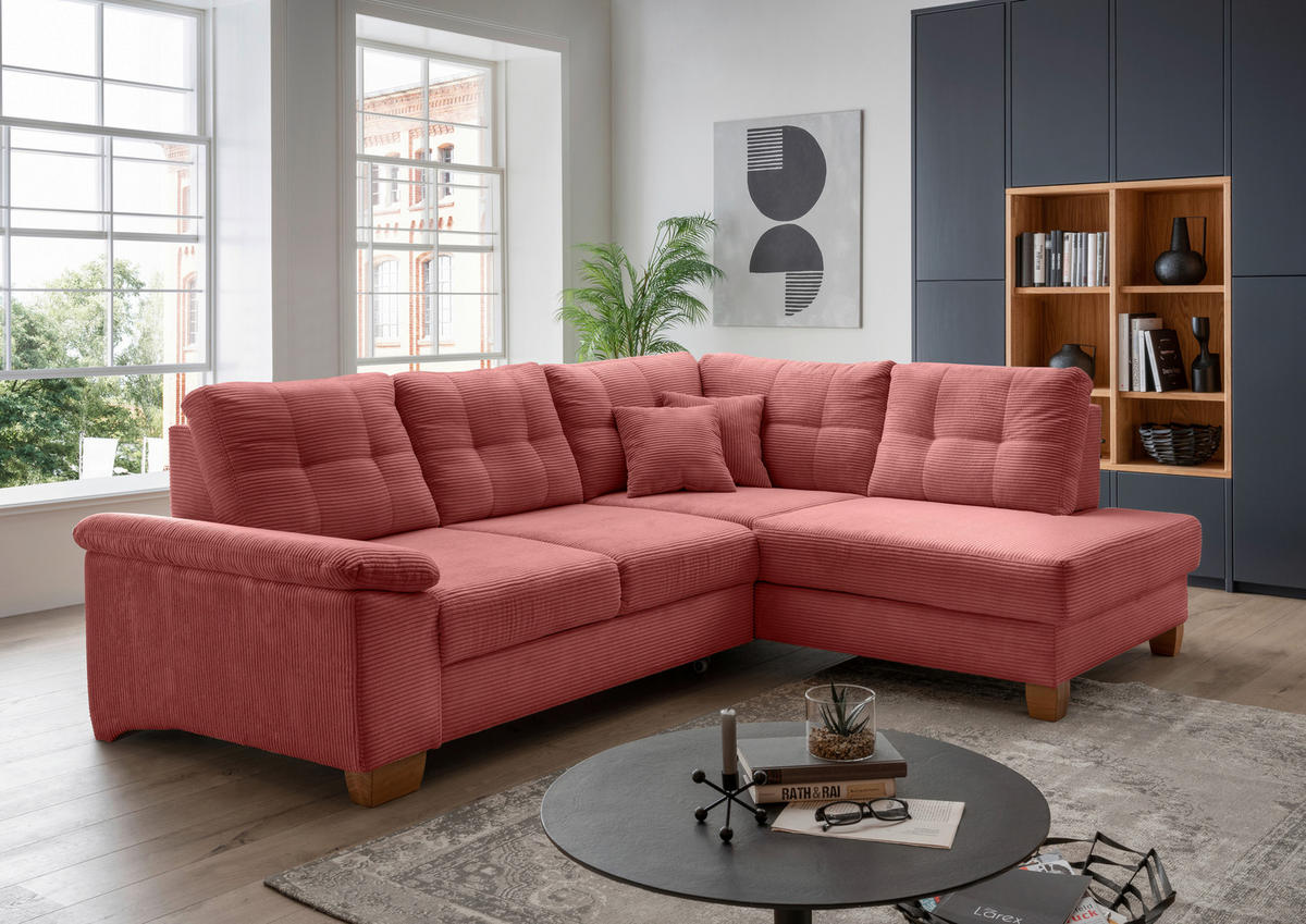 ECKSOFA in Cord Koralle  - Koralle/Naturfarben, Modern, Holz/Textil (274/206cm) - Livetastic
