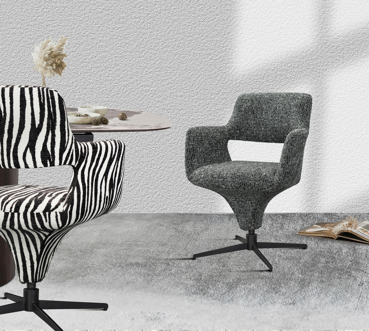 ARMLEHNSTUHL  Stoffauswahl, Sitzfläche 360° drehbar, automatische Rückholfunktion Mikrofaser  - Schwarz/Grau, Design, Textil/Metall (61/84/63cm) - Novel