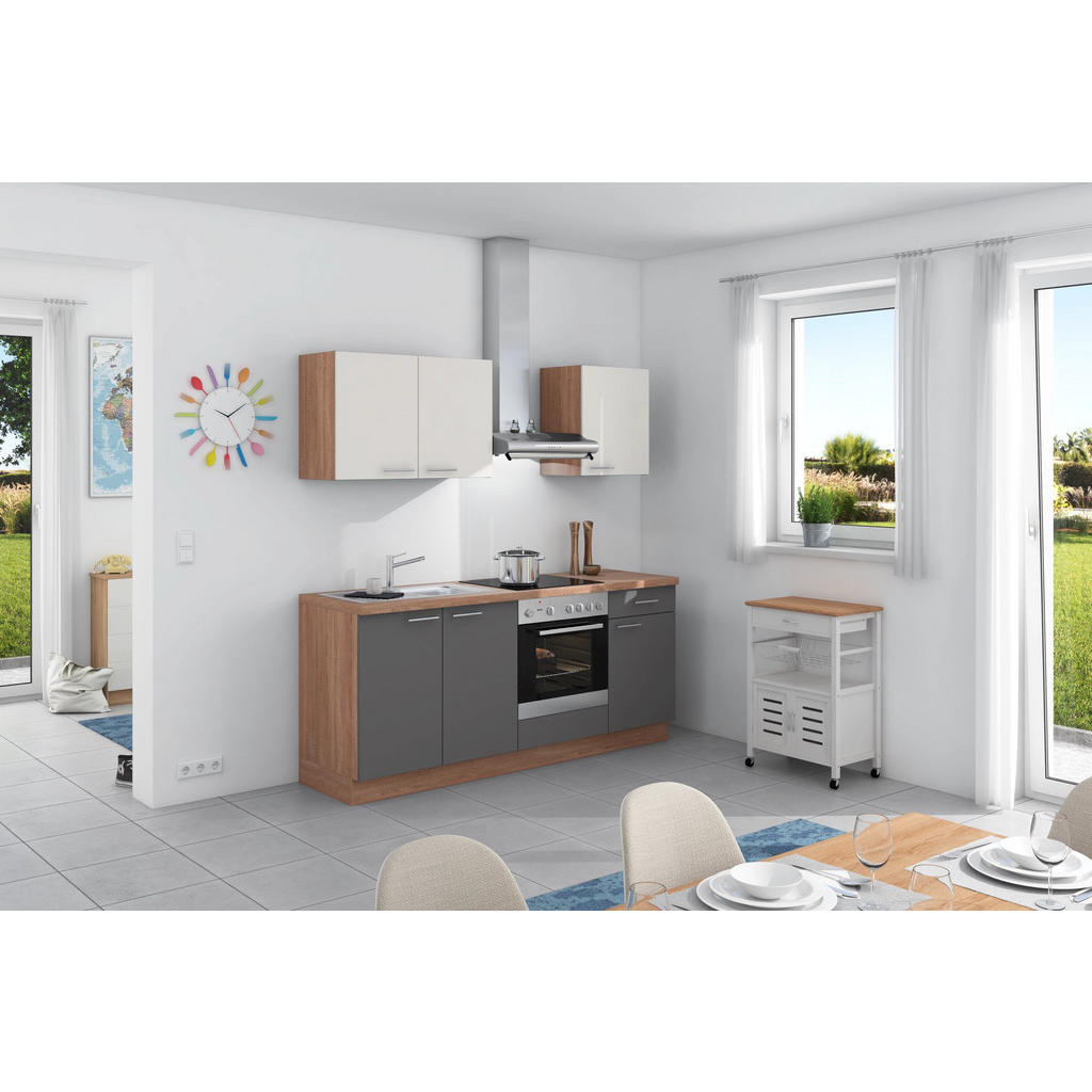 Küchenzeile Base ohne Geräte 200 cm Anthrazit/Weiß/Eiche