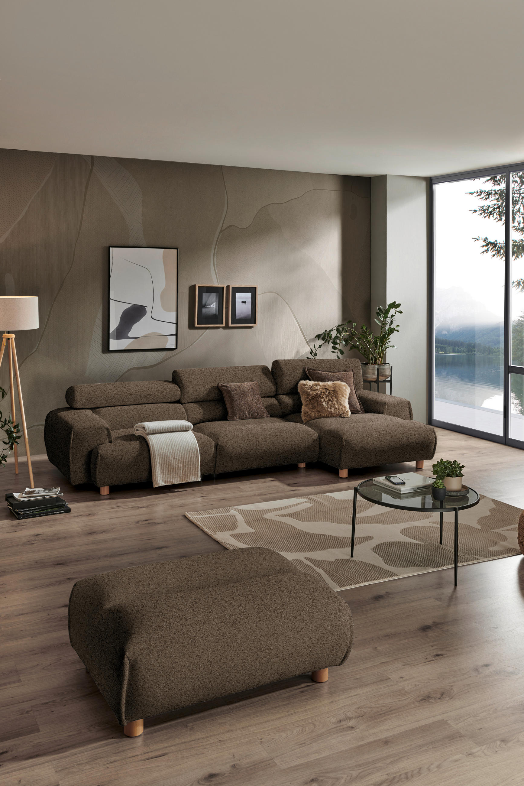 ECKSOFA in Velours Dunkelbraun  - Dunkelbraun/Buchefarben, Design, Holz/Textil (329/150cm) - Lomoco