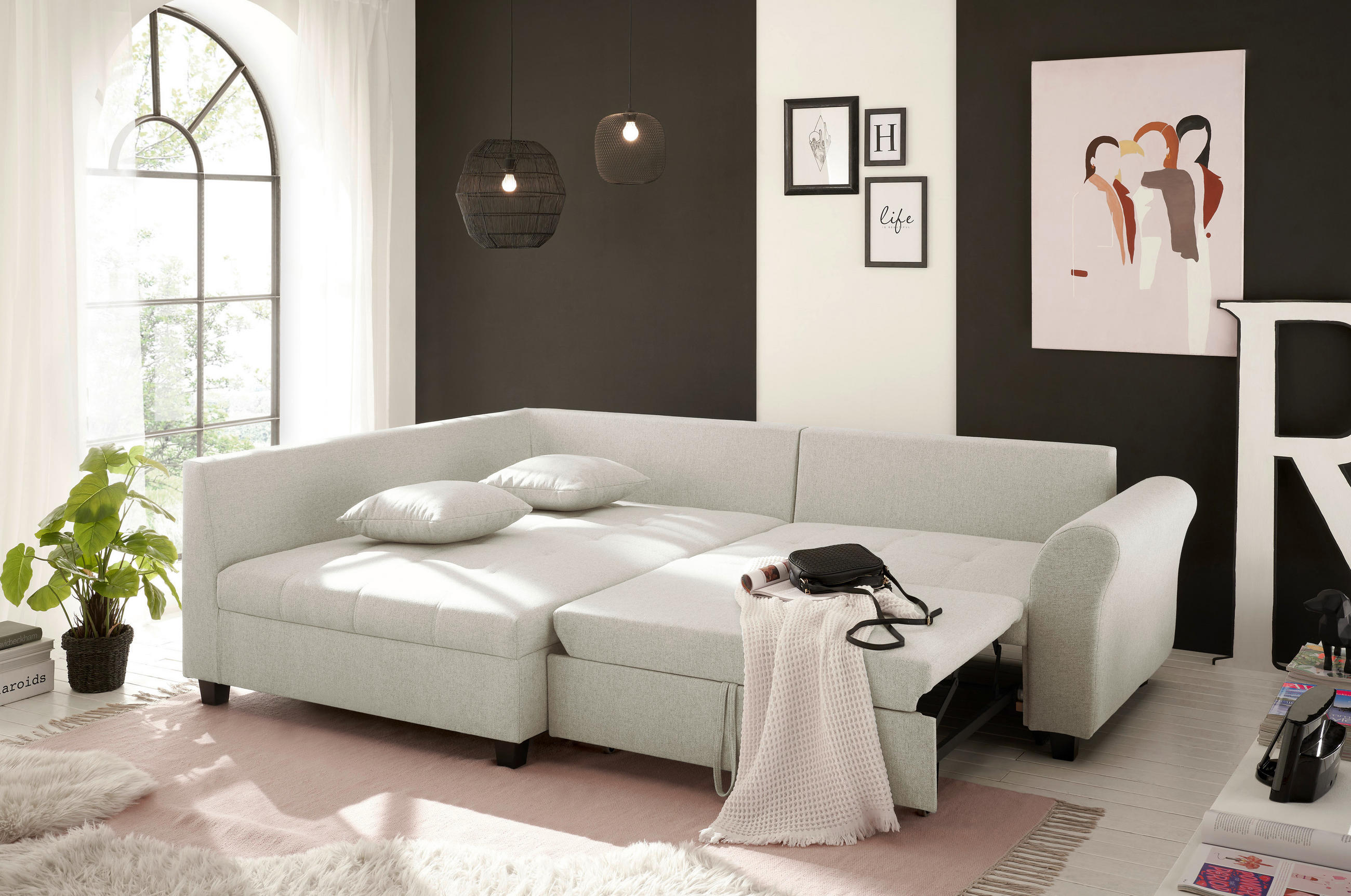 ECKSOFA in Webstoff Beige  - Beige/Schwarz, MODERN, Kunststoff/Textil (175/252cm) - Livetastic