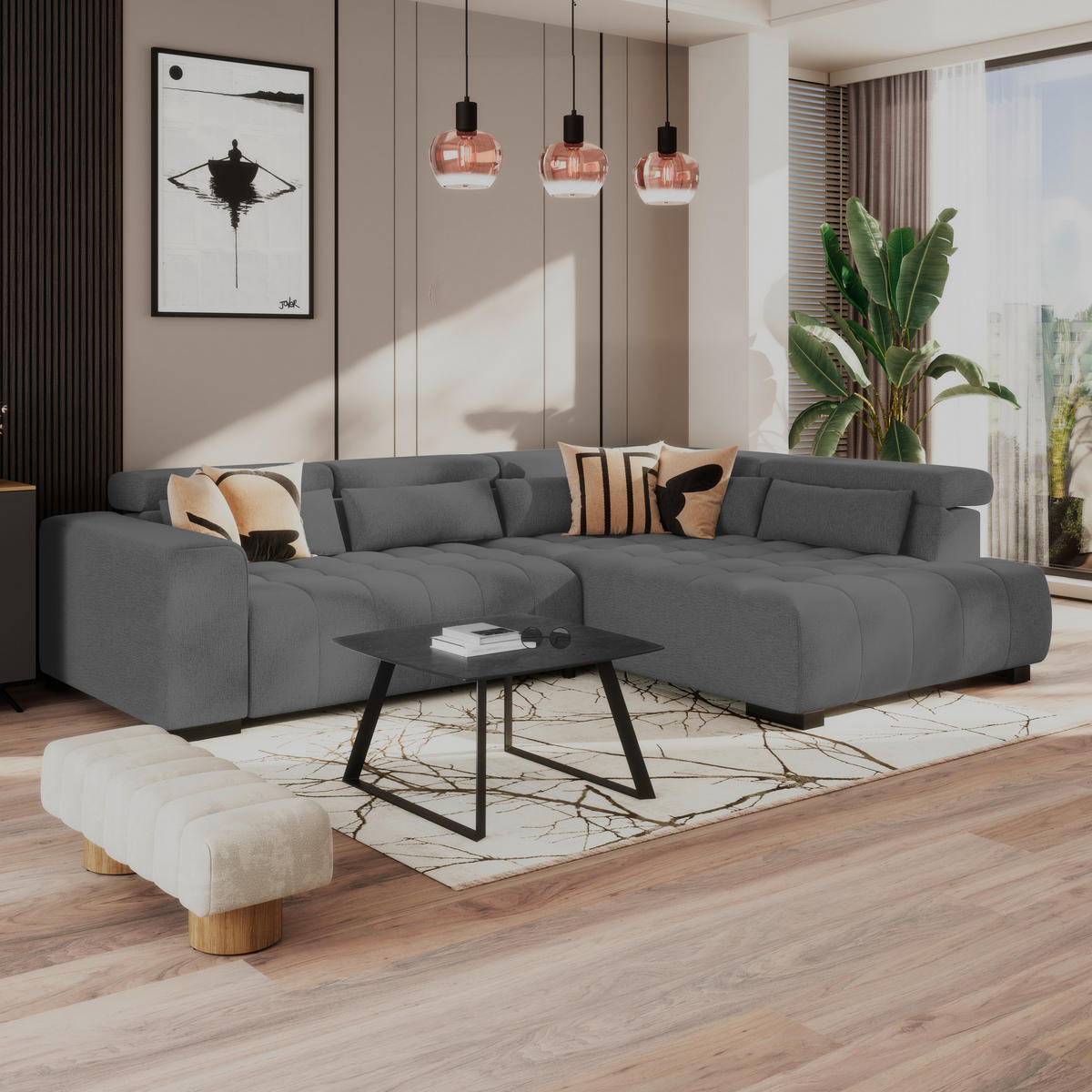 ECKSOFA MATERA Anthrazit Chenille, Struktur Nierenkissen, Kopfteilverstellung, Sitzvorzug  - Anthrazit/Schwarz, Trend, Holz/Textil (311/226cm) - MID.YOU
