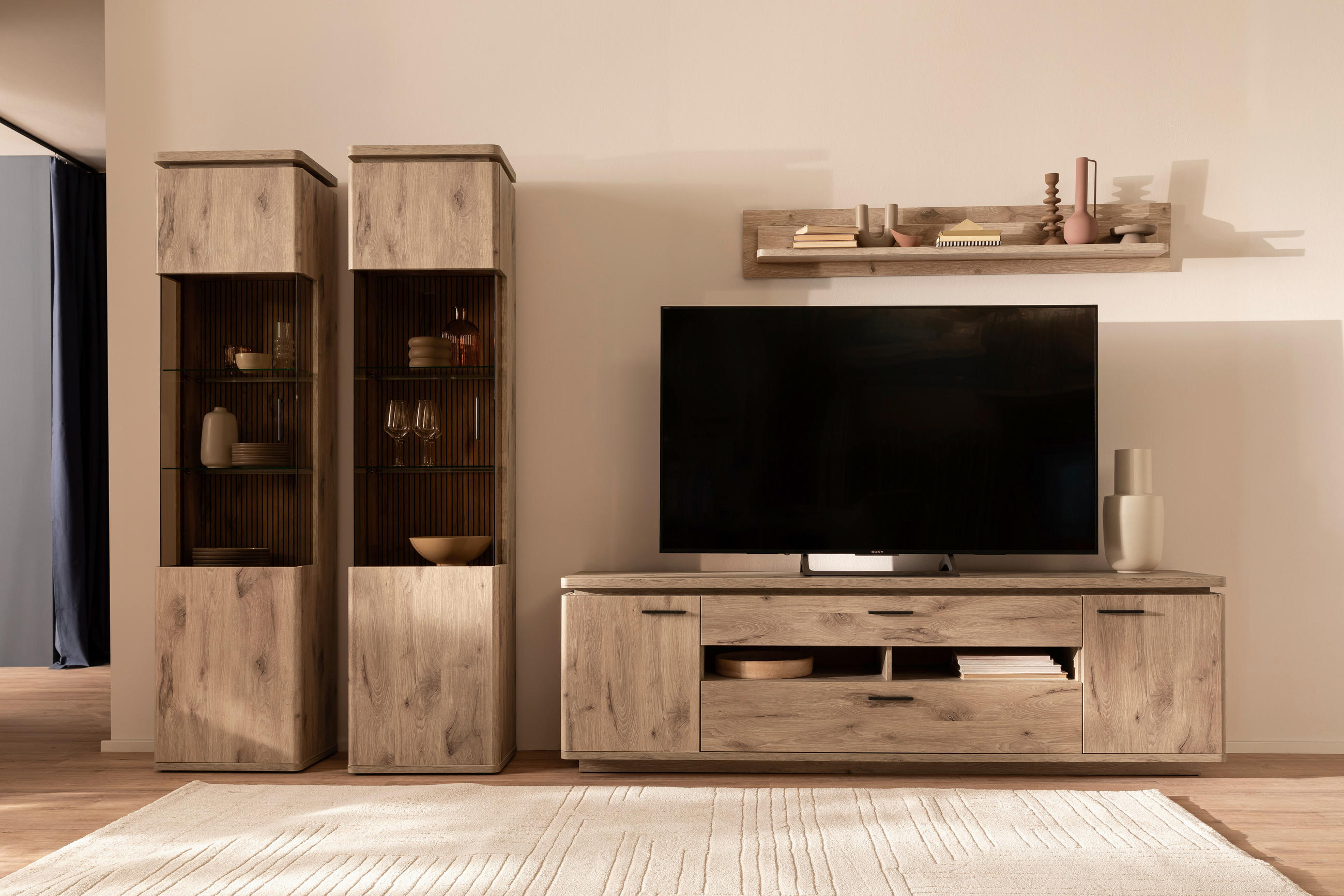 WOHNWAND  in Eichefarben  330/208/50 cm  - Eichefarben/Anthrazit, KONVENTIONELL, Glas/Holzwerkstoff (330/208/50cm) - Cantus