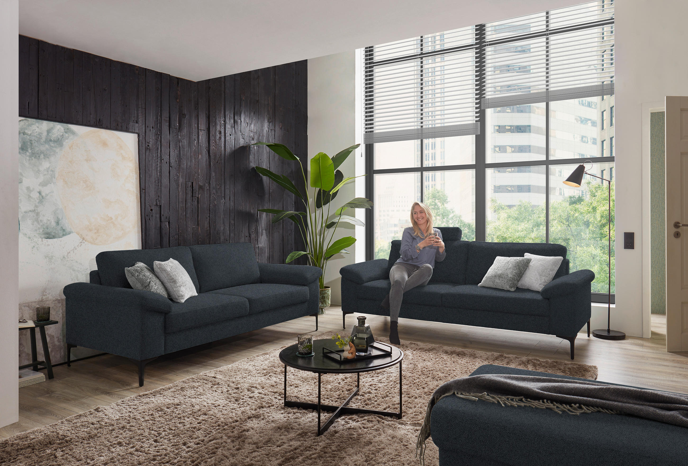 3-SITZER-SOFA in Flachgewebe Anthrazit  - Anthrazit/Schwarz, Design, Textil/Metall (226/89/97cm) - Pure Home Lifestyle