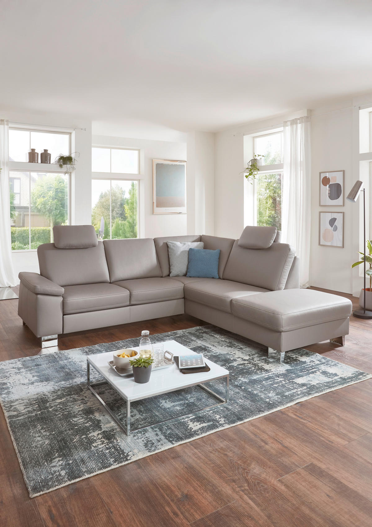 ECKSOFA in Echtleder Grau  248/235 cm  - Beige/Alufarben, Design, Leder/Metall (248/235cm) - Beldomo Premium