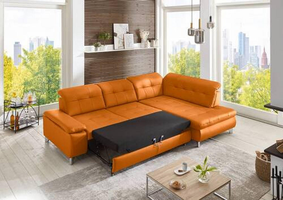 ECKSOFA in Echtleder Orange  - Alufarben/Orange, Design, Leder/Metall (309/211cm) - Beldomo Speed