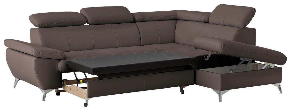 ECKSOFA Braun Lederlook  - Chromfarben/Braun, KONVENTIONELL, Textil/Metall (256/209cm) - Livetastic