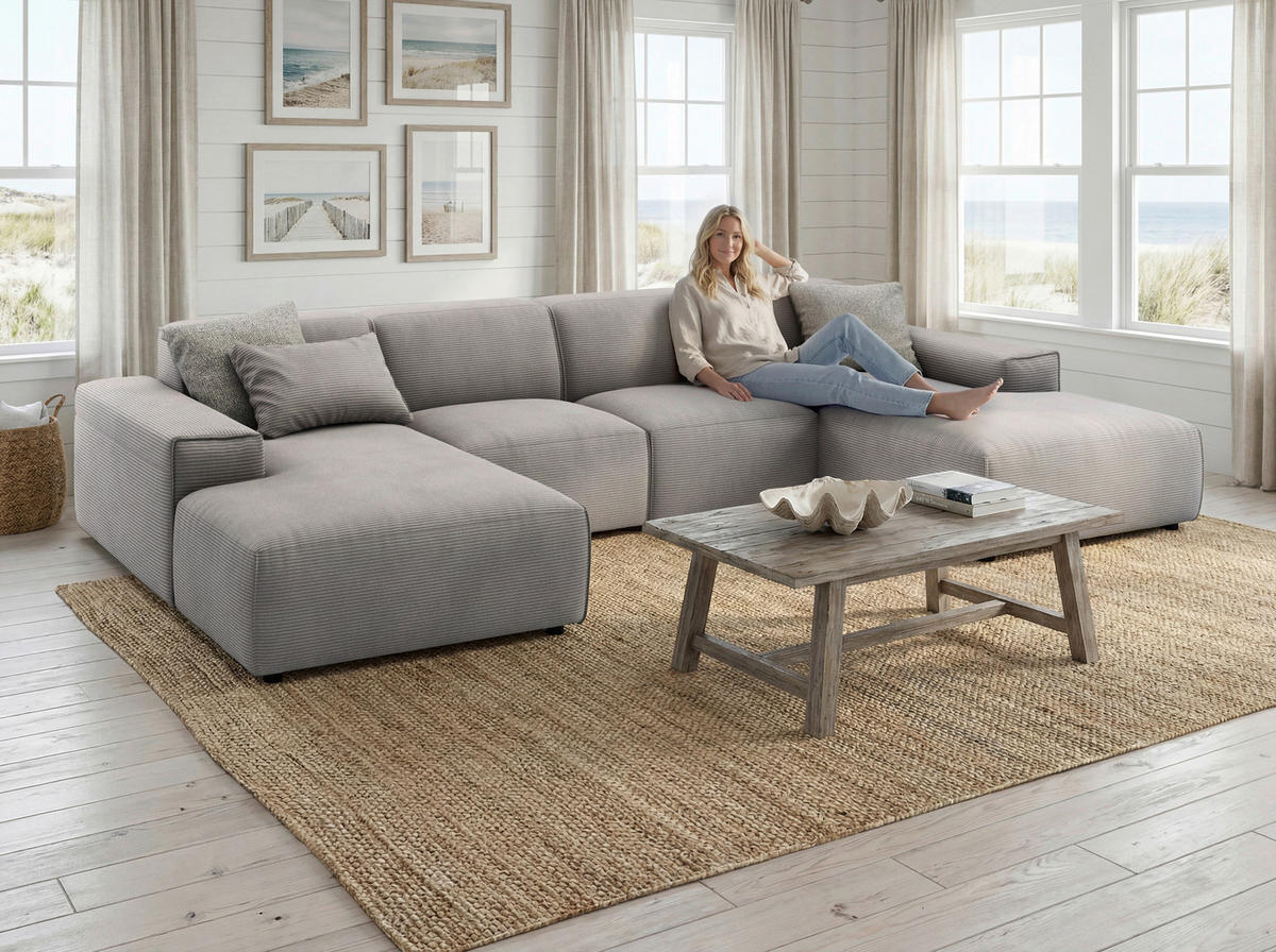 WOHNLANDSCHAFT Grau Cord  - Schwarz/Grau, MODERN, Kunststoff/Textil (189/340/189cm) - Pure Home Lifestyle