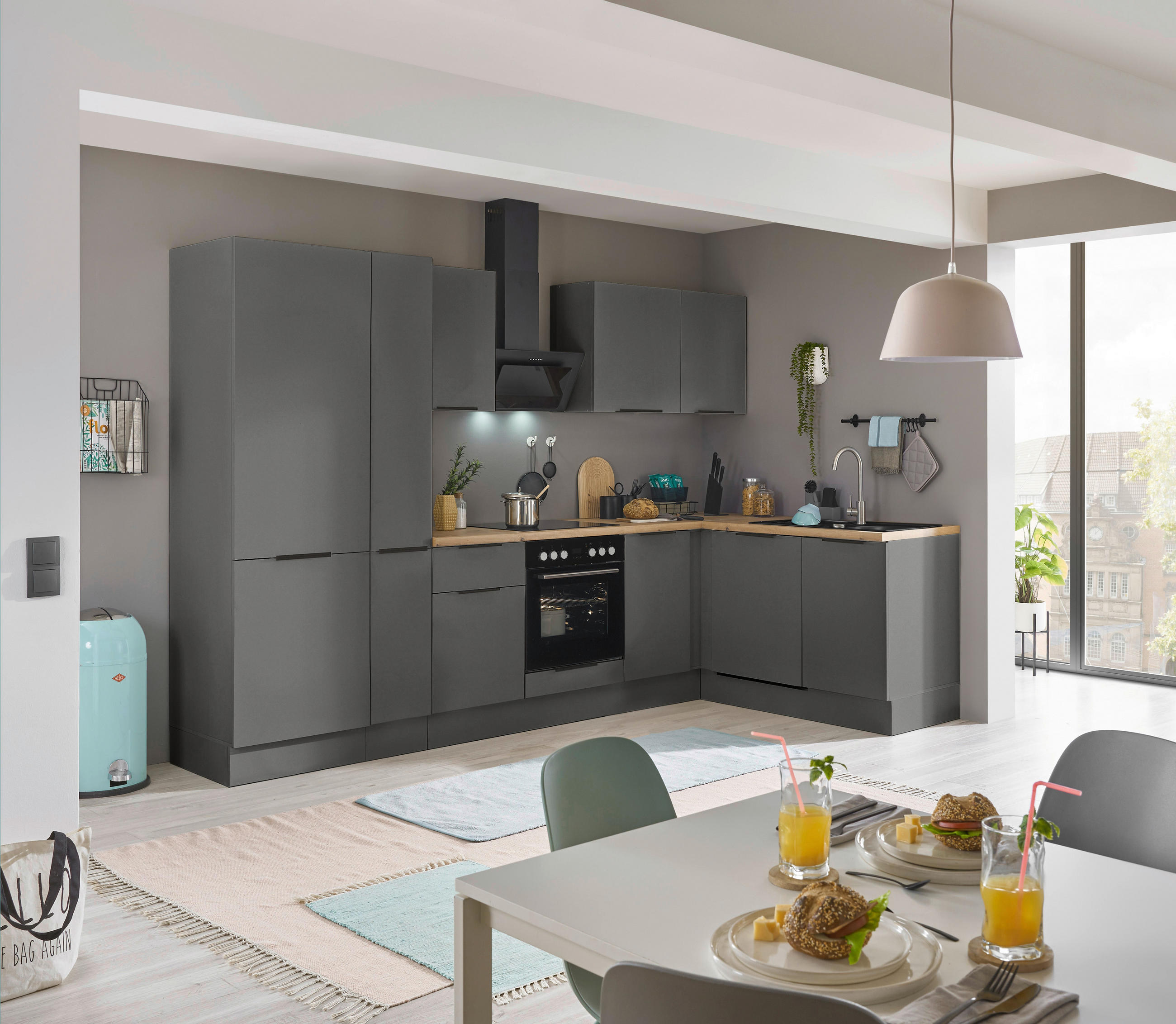 ECKKÜCHE 310/175 cm  in Graphitfarben  - Schwarz/Graphitfarben, Basics, Holzwerkstoff/Metall (310/175cm) - Carryhome