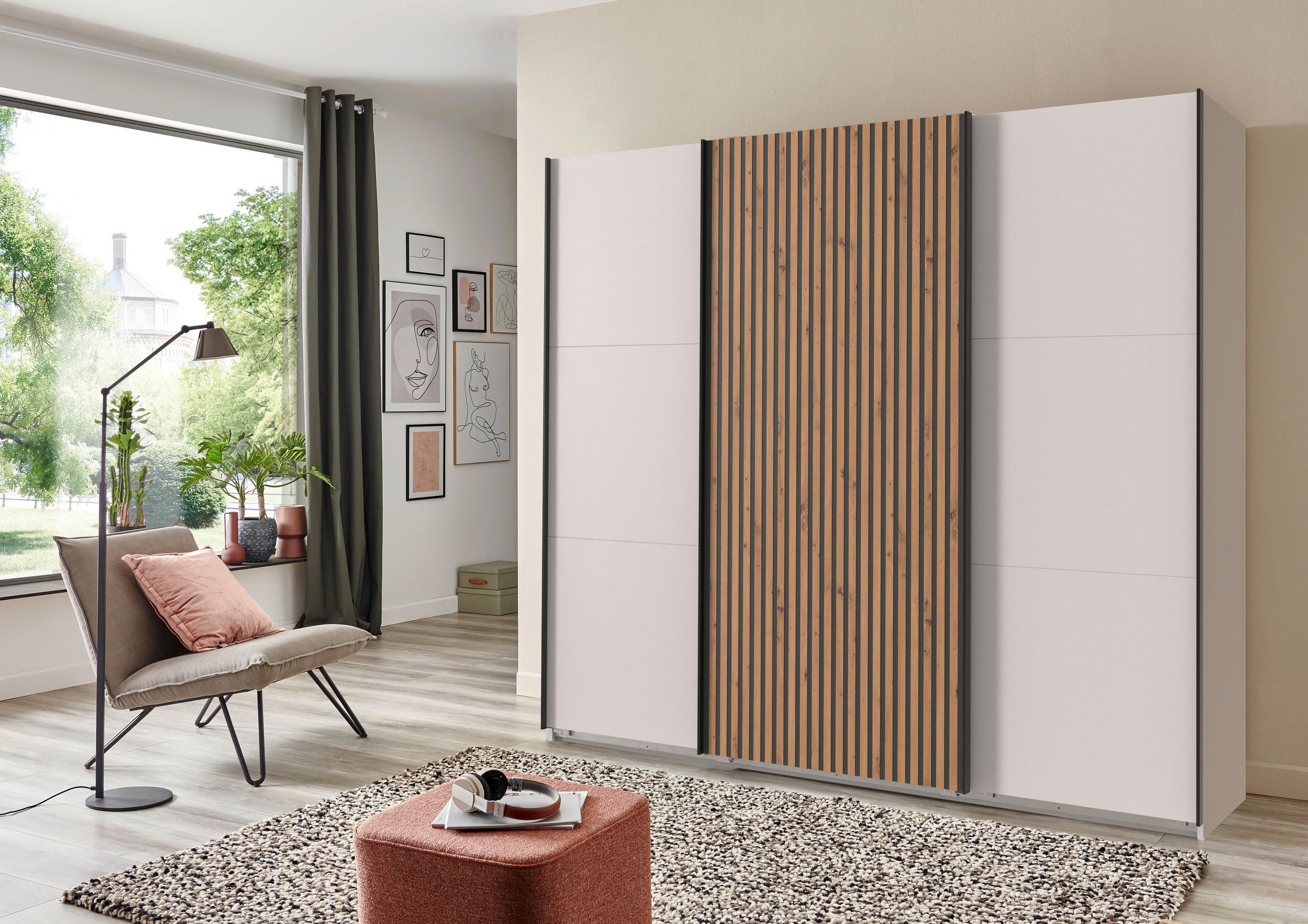 GARDEROB MED SKJUTDÖRRAR 250/218/65 cm 3-dörrar - vit/grafitfärgad, Klassisk, metall/trämaterial (250/218/65cm) - Carryhome