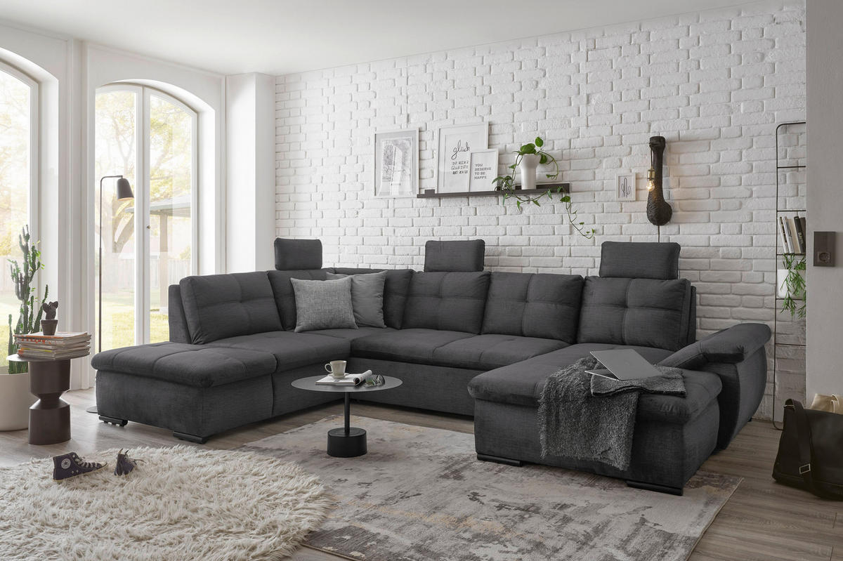 WOHNLANDSCHAFT in Mikrovelours Grau  - Schwarz/Grau, KONVENTIONELL, Kunststoff/Textil (217/334/127cm) - Carryhome