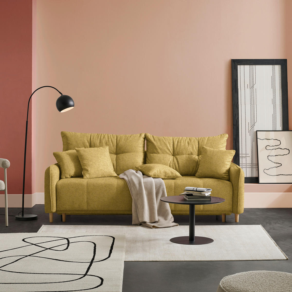 SCHLAFSOFA  in Chenille Currygelb  - Currygelb/Buchefarben, Design, Holz/Textil (217/97/101cm) - Carryhome