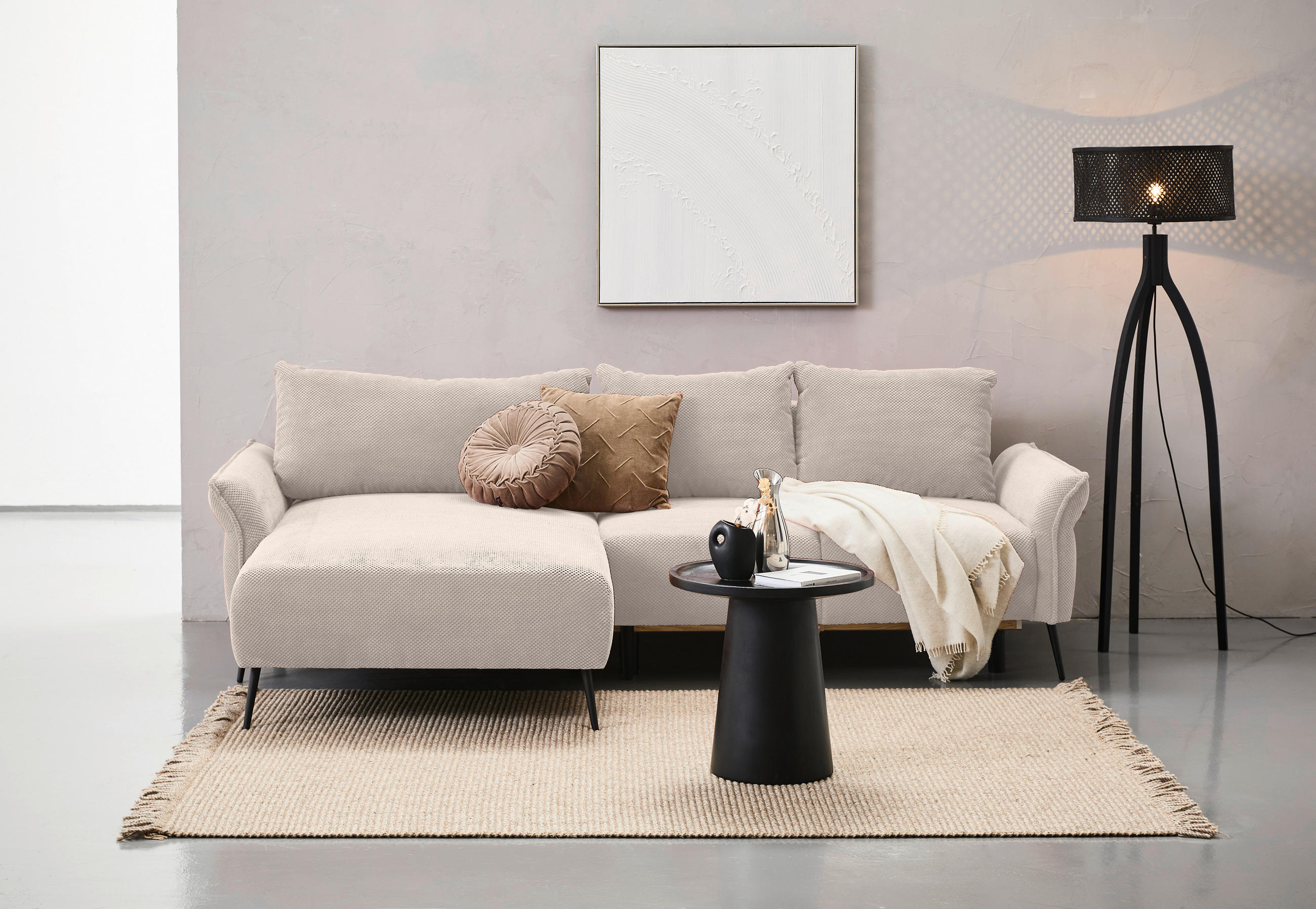 ECKSOFA in Chenille Creme  - Creme/Schwarz, Konventionell, Textil/Metall (164/255cm) - Carryhome