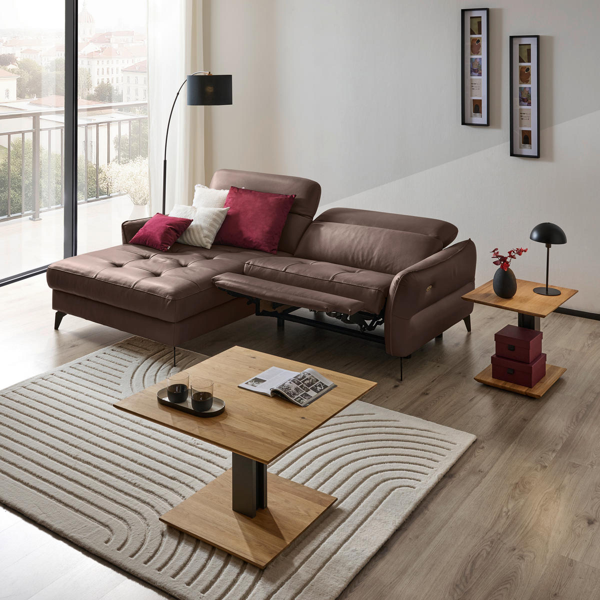 ECKSOFA inkl. Funktionen Braun Echtleder  - Schwarz/Braun, Design, Leder/Metall (175/246cm) - Celina Home