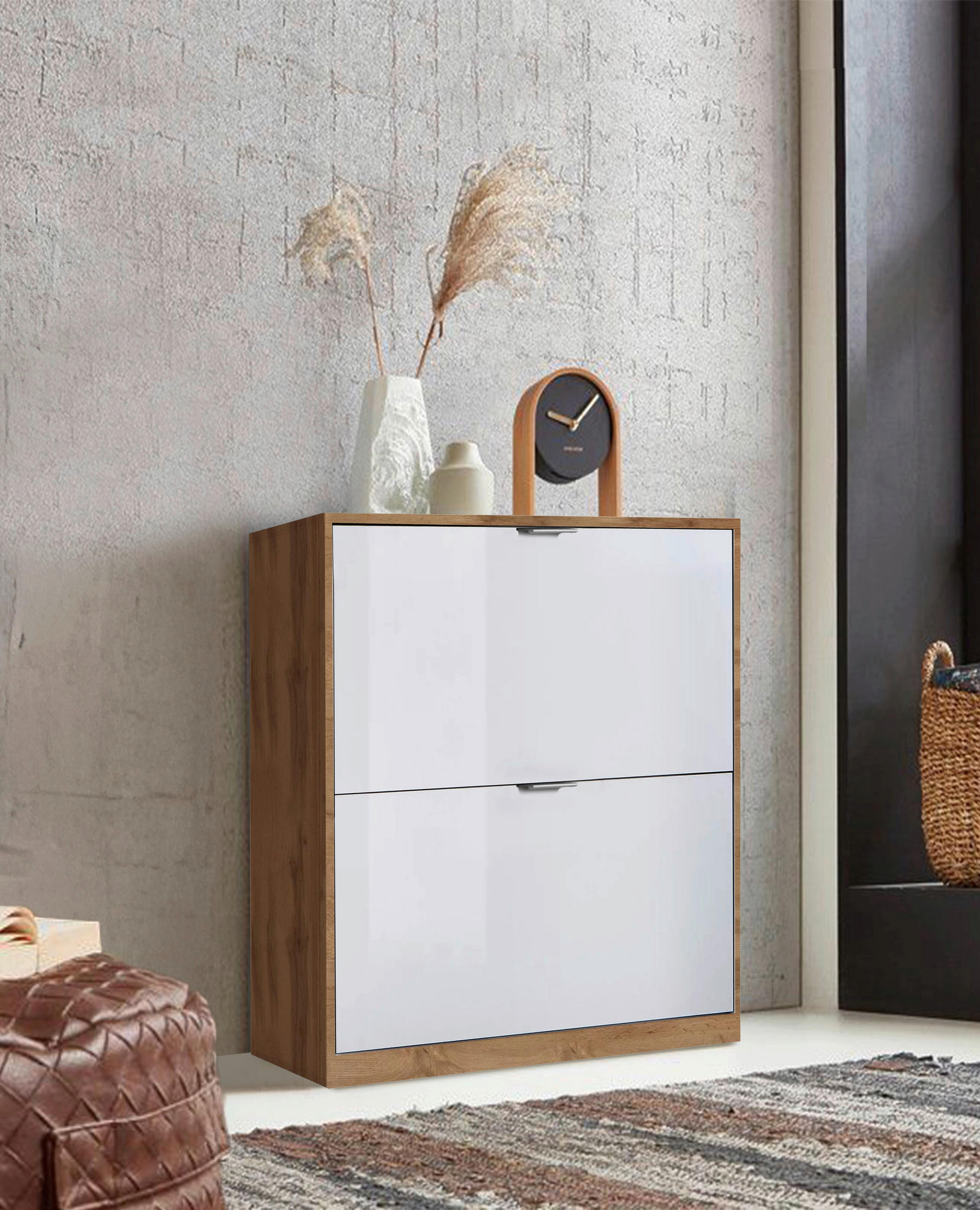 PANTOFAR 64/82/19 cm  - alb lucios intens/culoare aluminiu, Basics, material pe bază de lemn (64/82/19cm) - Xora