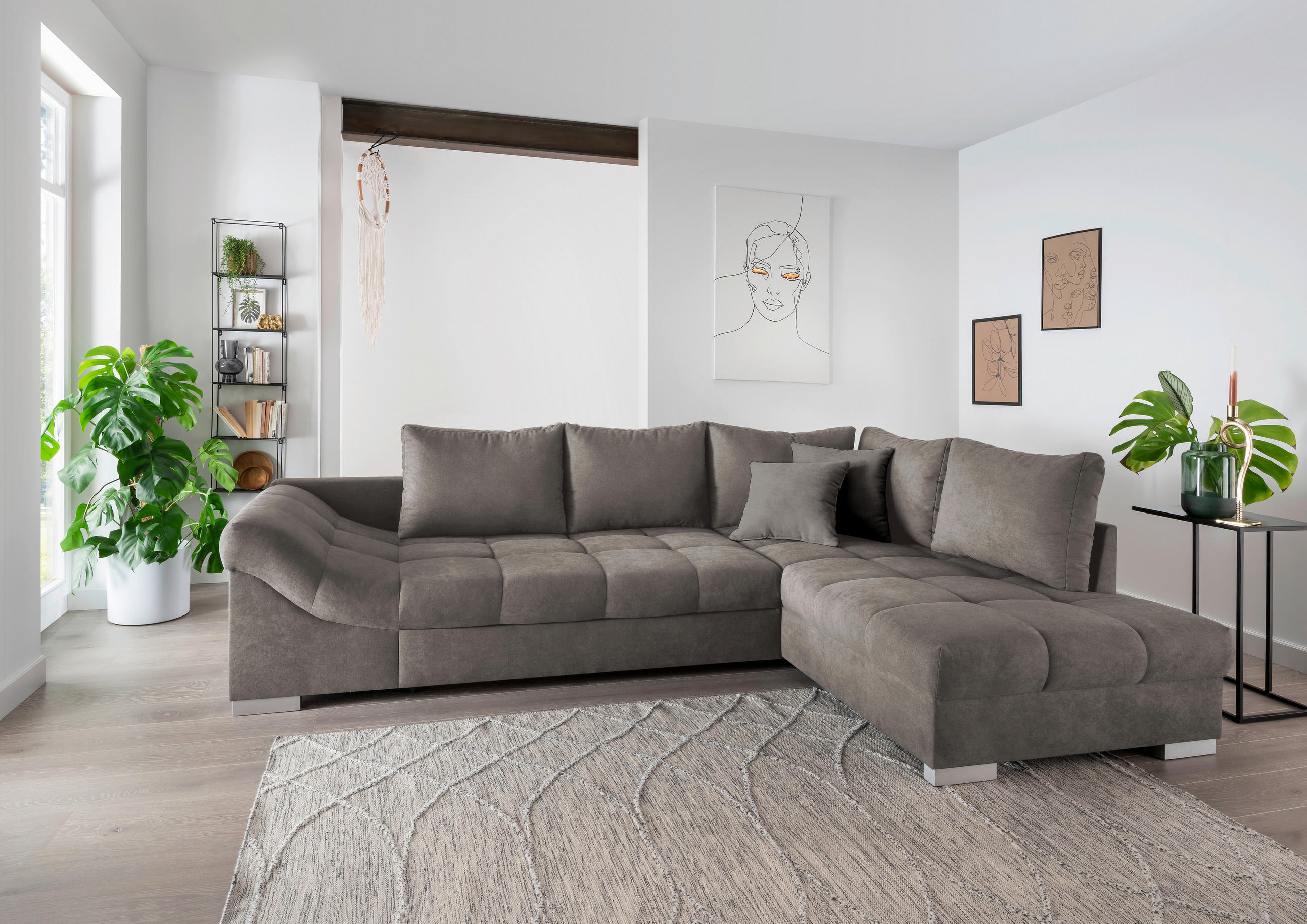ECKSCHLAFSOFA Graubraun Mikrofaser  - Graubraun/Silberfarben, Design, Holz/Textil (298/202cm) - MID.YOU