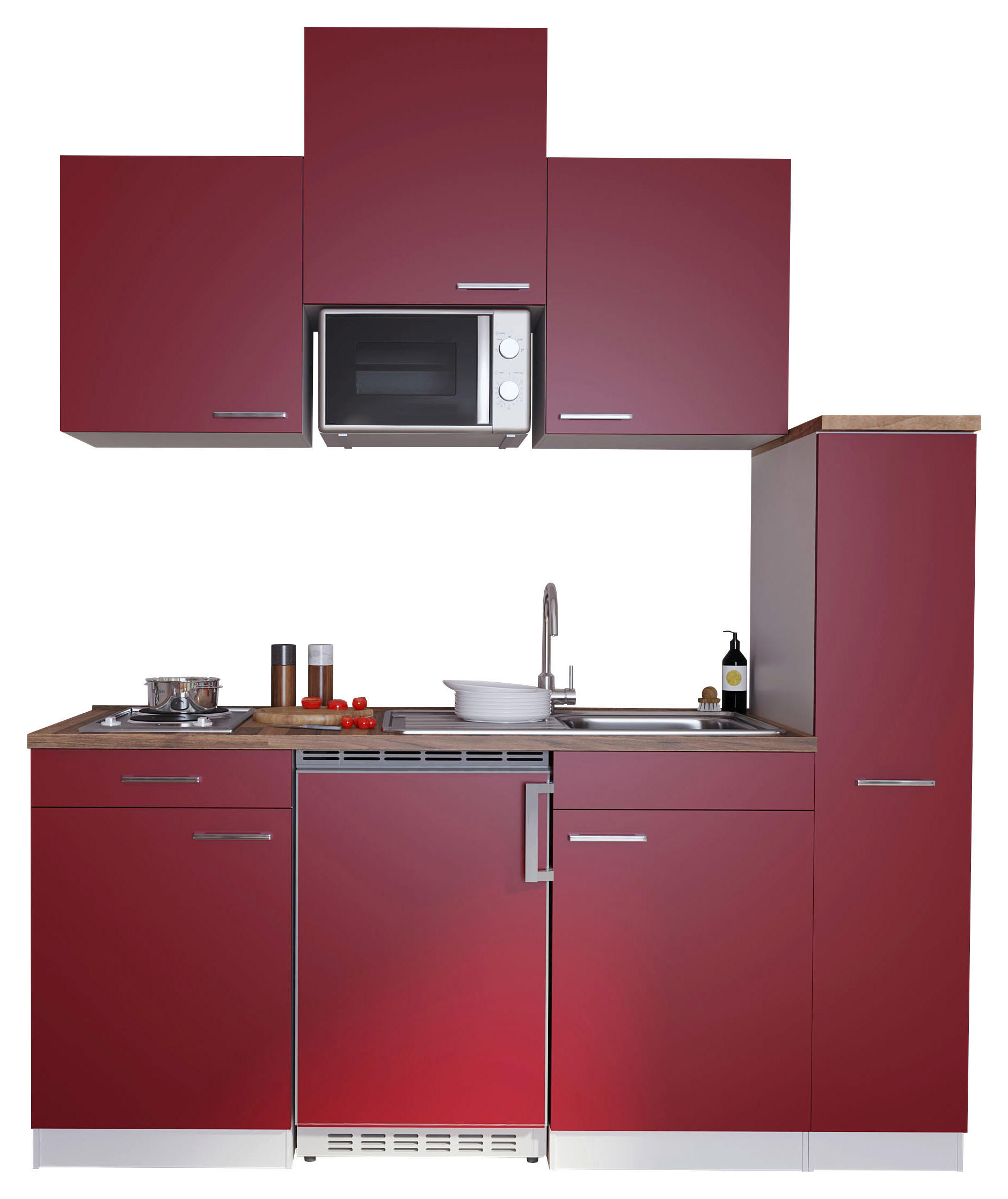 Küchenzeile Economy m. Geräten 180/200/60 cm Rot  E-Geräte, Spüle, Ab- und Überlaufgarnitur   - Rot/Nussbaumfarben, Basics, Kunststoff (180/200/60cm) - Respekta