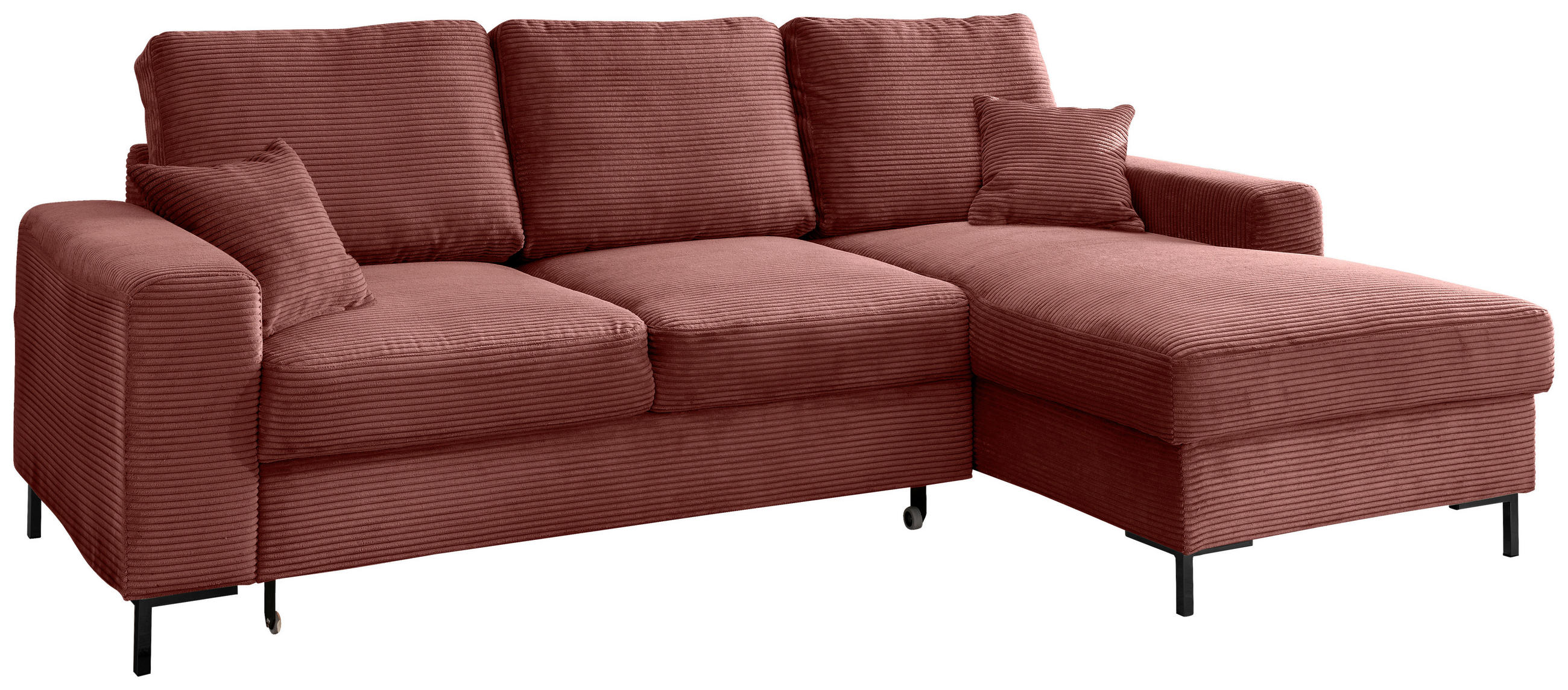 ECKSCHLAFSOFA  mit Liegefunktion, Rücken echt Cord Koralle  - Koralle/Schwarz, KONVENTIONELL, Textil/Metall (237/143cm) - Livetastic